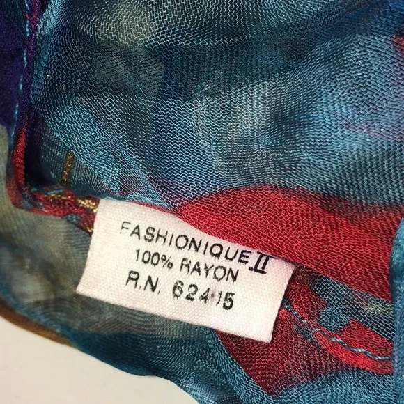Vintage Multicolor Lightweight Sheer Scarf - Blue, Red & Gold - Picture 4 of 7
